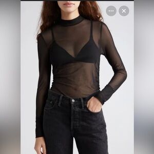 Farm Rio turtleneck black mesh top